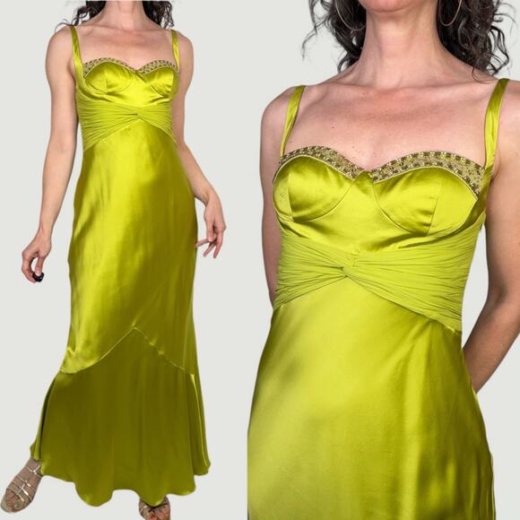 Adrianna Papell silk corset dress maxi gown long prom formal evening chartreuse - Picture 1 of 17